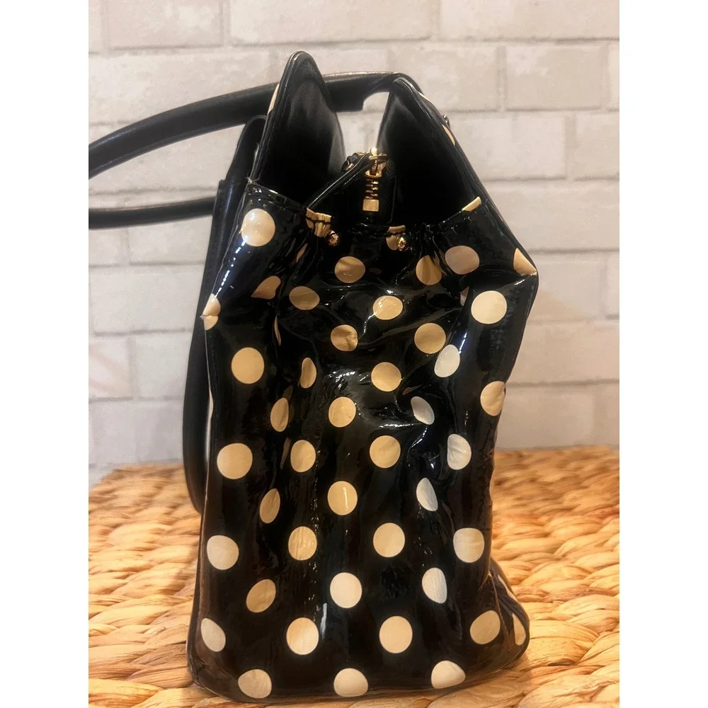 Kate Spade New York Polka Dot Patent Leather Shoulder Bag Black Cream Tote